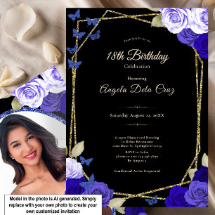 Convites Rosas Azuis Douradas e Pretas Elegantes para Debut