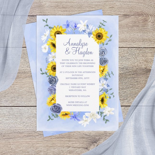 Convites Rosas Azuis Dusty, Casamento Amarelo de Girassóis (sunflowers and dusty blue rose wedding invitations, yellow gold sunflowers wedding theme)