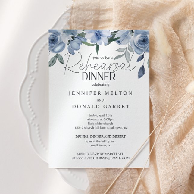 Convites Rosas Azuis Dusty Flores Janto de Ensaio de Casame (Criador carregado)