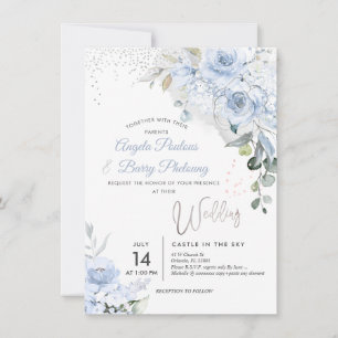 Convites Rosas Azuis Dusty PixDezines Faux Silver Glitter
