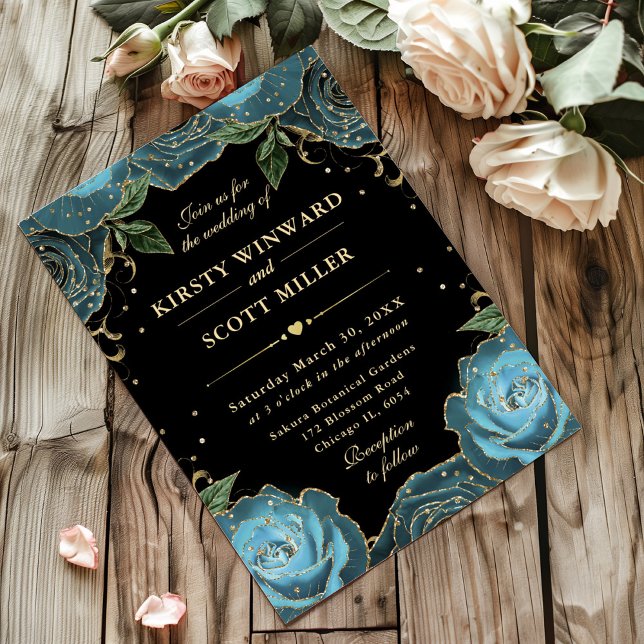 Convites Rosas Azuis e Douradas Casamento Floral (Criador carregado)