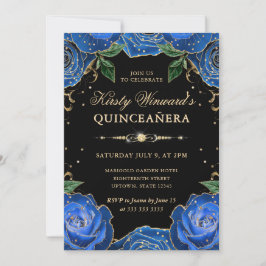 Convites Rosas Azuis e Douradas Floral Quinceanera