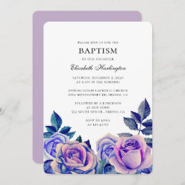 Convites Rosas azuis e roxas. Batismo floral de aquarela