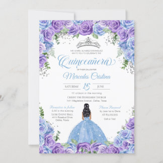 Convites Rosas Azuis e Roxos e Prata Tiara Quinceanera