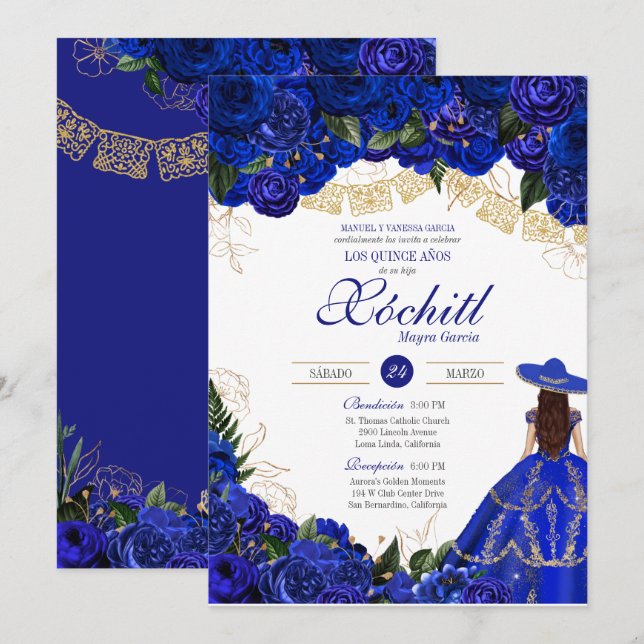 Convites Rosas Azuis Elegante Charro Quinceanera (Frente/Verso)