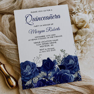Convites Rosas Azuis Elegante Quinceanera Prata