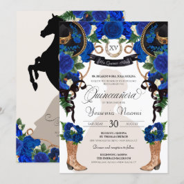 Convites Rosas azuis Elegante Western Charro Quinceañera