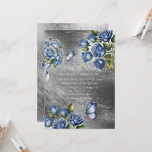 Convites Rosas Azuis Elegantes Borboleta Casamento Prata