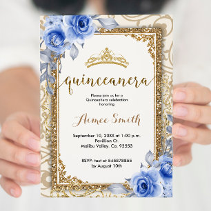 Convites Rosas Azuis Elegantes Dourados Florais Mis Quince