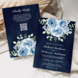 Convites Rosas Azuis Empoeiradas Código QR Casamento Navy
