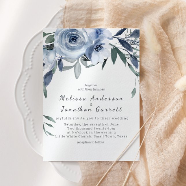 Convites Rosas Azuis Empoeiradas Flores Casamento Boho (Criador carregado)