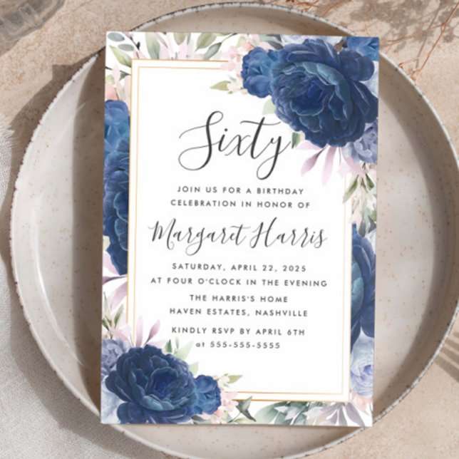 Convites Rosas Azuis Frame Dourado Floral 60º Sessenta Aniv (Criador carregado)