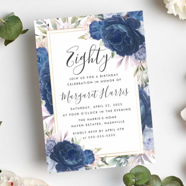 Convites Rosas Azuis Frame Dourado Floral 80 Oitavo Anivers (Criador carregado)