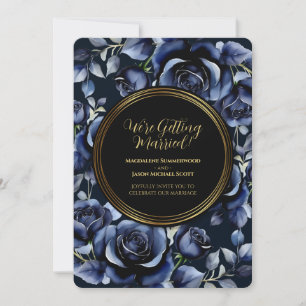 Convites Rosas azuis Marinho elegantes Quadro preto floral 