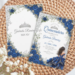 Convites Rosas Azuis Reais Quinceañera Borboletas Prateadas