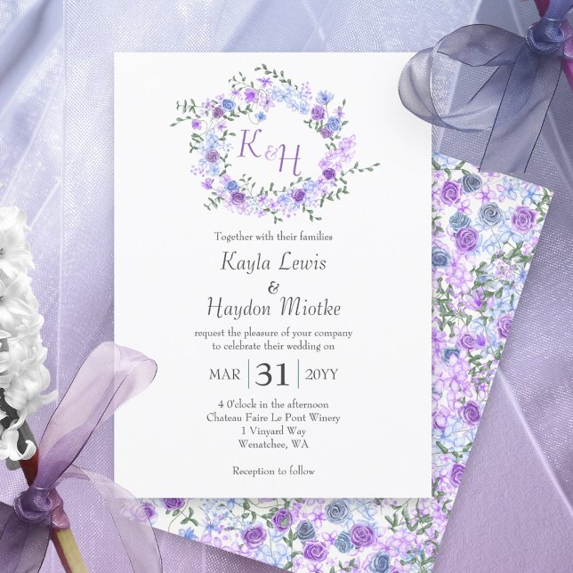 Convites Rosas Azuis Roxos e Azuis Claros (Purple, light blue, lavender rose wreath botanical rose garden wedding invitations, round roses vine)