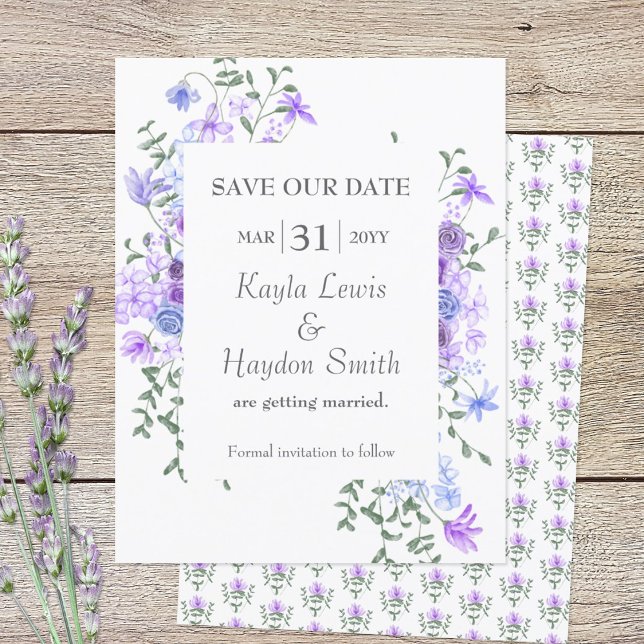Convites Rosas Azuis Roxos e Azuis Claros Casamento Salvar  (lavender and dusty blue floral SAVE OUR DATE wedding card for a light purple springtime theme)