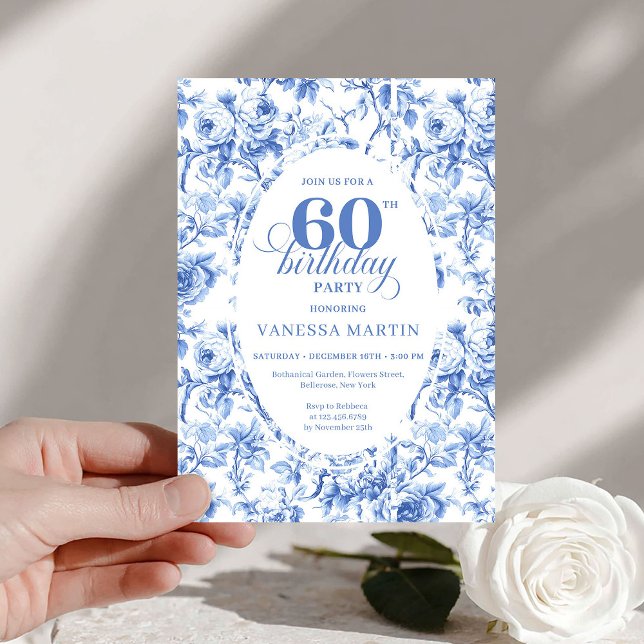 Convites Rosas Azuis Sofisticadas Toile Floral 60 Aniversár (Sophisticated Blue Roses Floral Toile 60th Birthday)