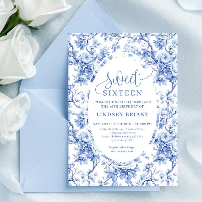 Convites Rosas Azul-Marinho Digital Floral Doce Dezesseis (Navy Blue Roses Digital Floral Sweet Sixteen)