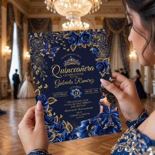 Convites Rosas Azul Marinho Tiara Dourada Quinceañera