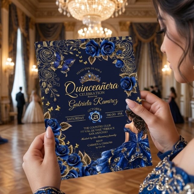 Convites Rosas Azul Marinho Tiara Dourada Quinceañera (Criador carregado)