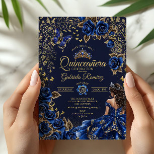 Convites Rosas Azul Marinho Tiara Dourada Quinceañera