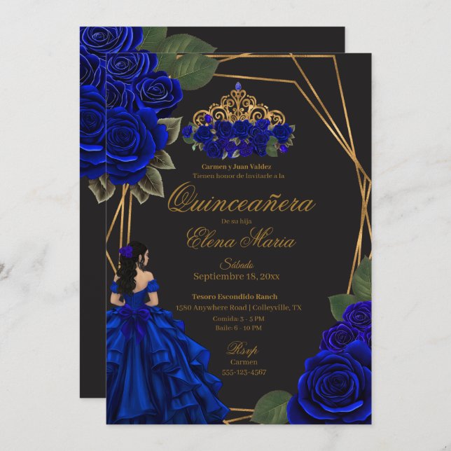 Convites Rosas Azul Negro Dourada Princesa Quinceañera (Frente/Verso)