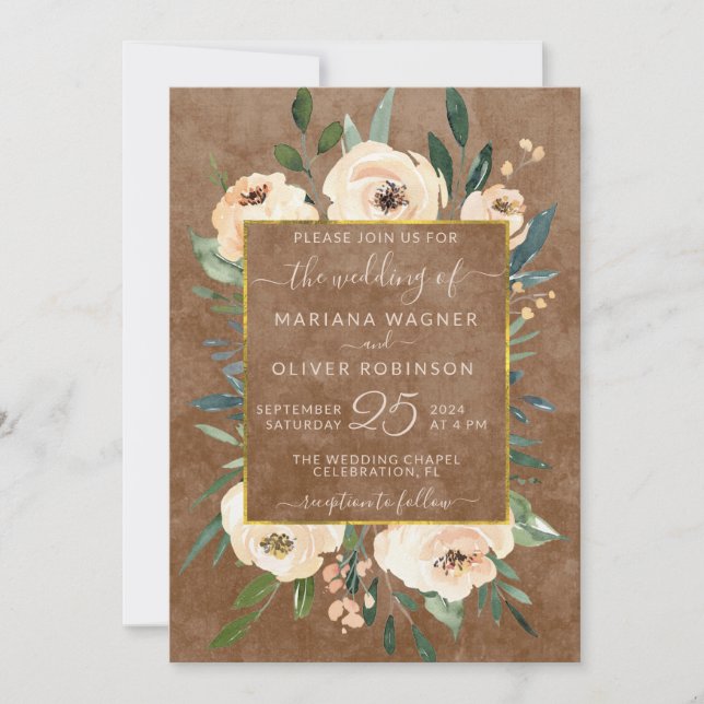 Convites Rosas Bege Bege Floral Casamento Dourado Marrom (Frente)