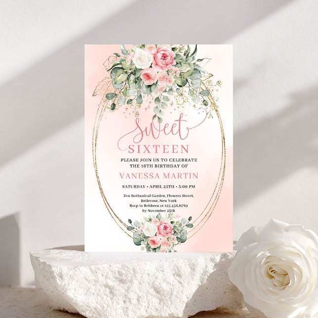 Convites Rosas Bege Elegantes Script 16º Aniversário  (Stylish Blush Roses Gold Script 16th Birthday Invitation)