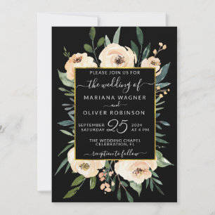 Convites Rosas Bege Floral Beijo em Preto Casamento