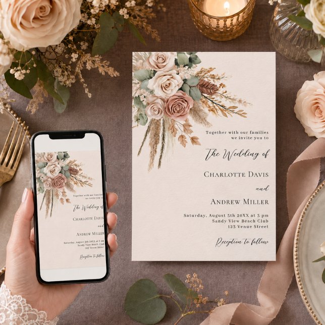 Convites Rosas bege taupe grama pampas casamento de luxo (Criador carregado)