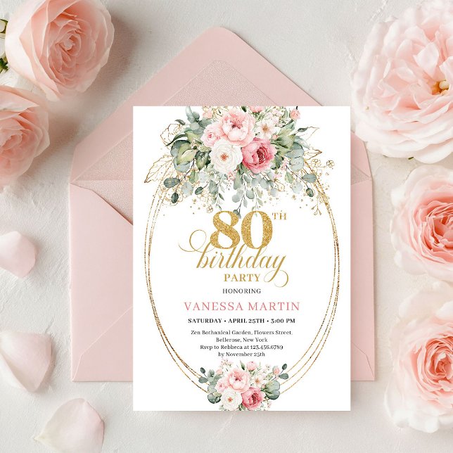 Convites Rosas Beije Refinedas Eucalipto Dourado Aniversári (Refined Blush Roses Eucalyptus Gold 80th Birthday)