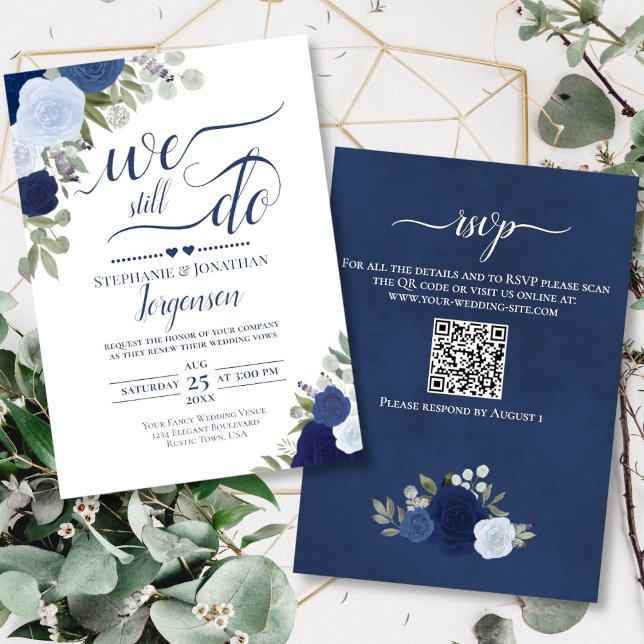 Convites Rosas Boho Azul Ainda Fazemos Vow Renewation Códig (Front/Back)