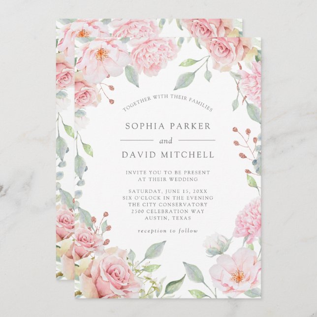 Convites Rosas Bonitas | Casamento Floral Rosa Elegante (Frente/Verso)