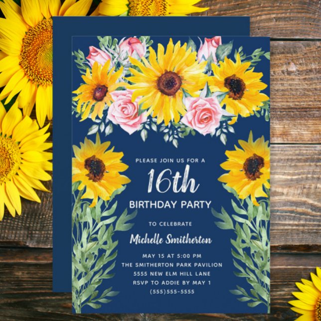 Convites Rosas bonito Rosa Girassóis Marinho Azul 16 (Sunflowers and pink roses on navy blue 16th birthday party custom invitation)