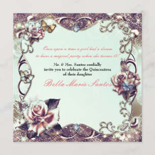 Convites Rosas & Borboletas Festa Quinceañera Bronze