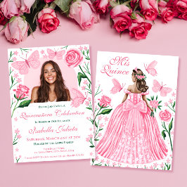 Convites Rosas + Borboletas Rosa Quinceanera Foto Invita