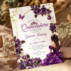 Convites Rosas Borboletas Tiara Dourada Roxa Quinceañera