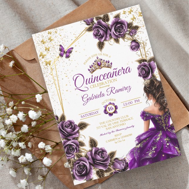 Convites Rosas Borboletas Tiara Dourada Roxa Quinceañera (Criador carregado)