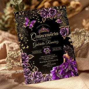 Convites Rosas Borboletas Tiara Dourada Roxa Quinceañera