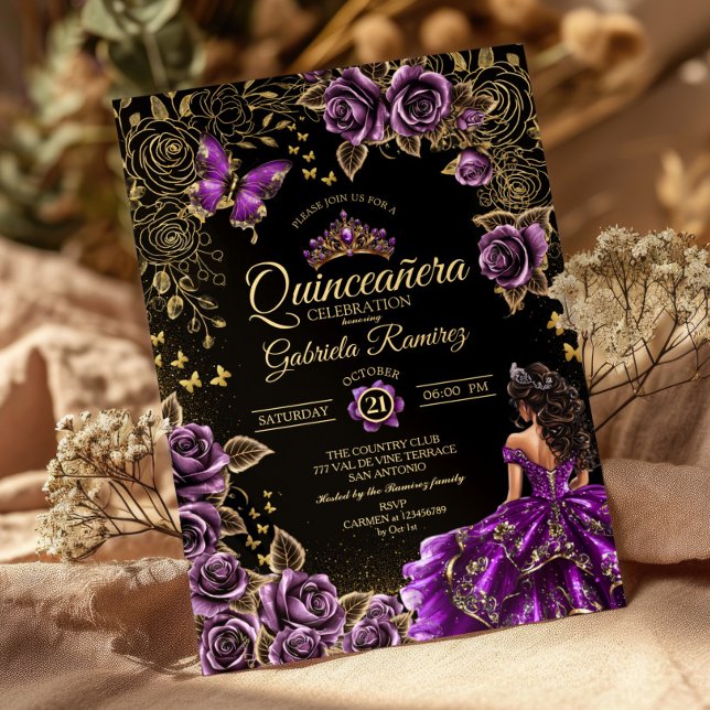 Convites Rosas Borboletas Tiara Dourada Roxa Quinceañera (Criador carregado)