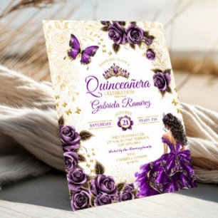 Convites Rosas Borboletas Tiara Dourada Roxa Quinceañera