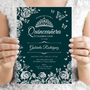 Convites Rosas Borboletas Verde Esmeralda Quinceanera Prata