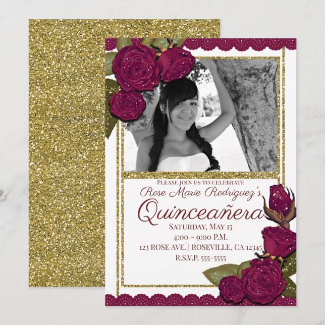 Convites Rosas Borgonha com Brilho Festa de Aniversário de  (Frente/Verso)