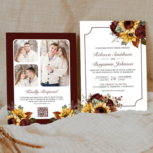 Convites Rosas Borgonha Girassóis Foto Código QR Casamento (Criador carregado)