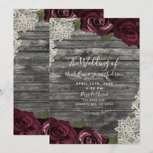 Convites Rosas Borgonha Renda Creme Madeira Cinza Casamento