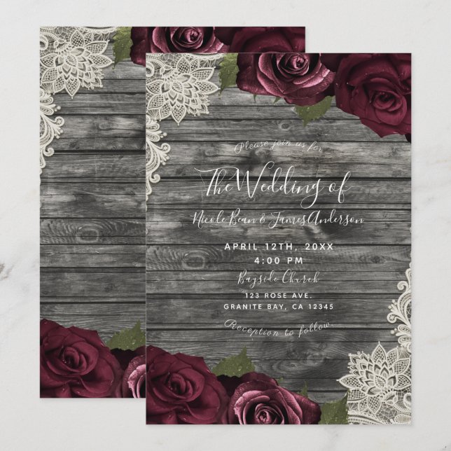 Convites Rosas Borgonha Renda Creme Madeira Cinza Casamento (Frente/Verso)