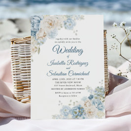 Convites Rosas Botânicas de Casamento em Aquarela Azul Empo