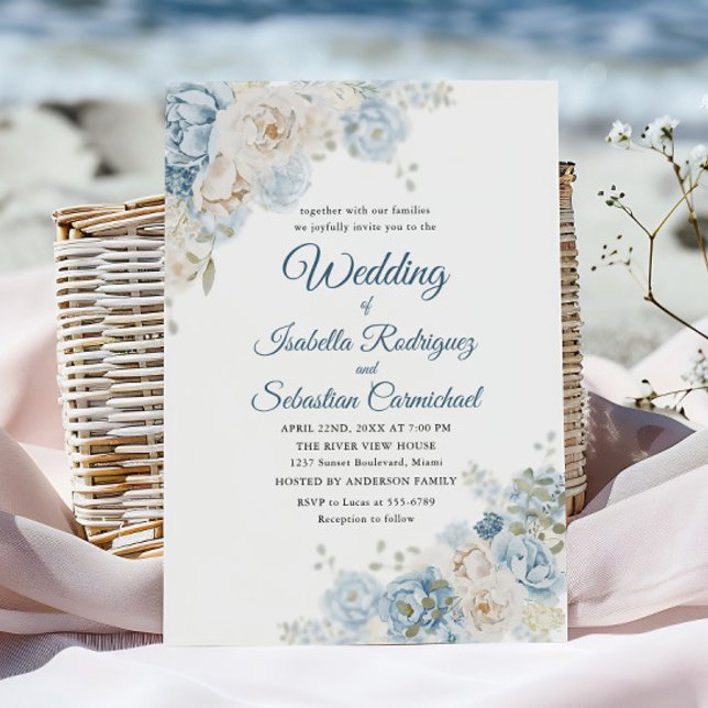 Convites Rosas Botânicas de Casamento em Aquarela Azul Empo (Criador carregado)