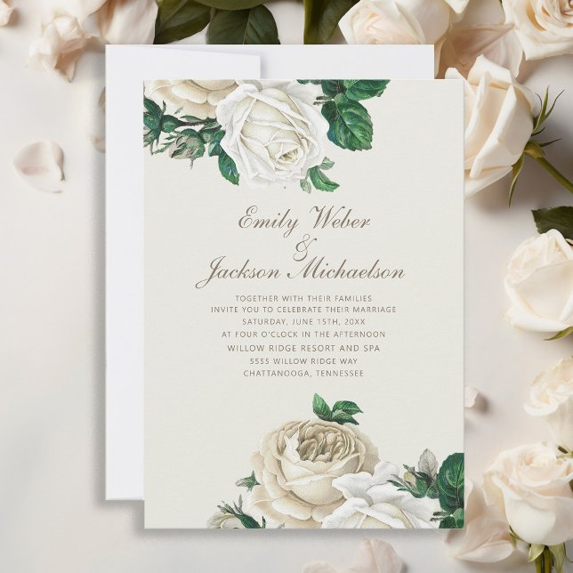 Convites Rosas Botânicas Elegantes Brancas Florais Creme Ca (Elegant white vintage roses and greenery wedding invitation)
